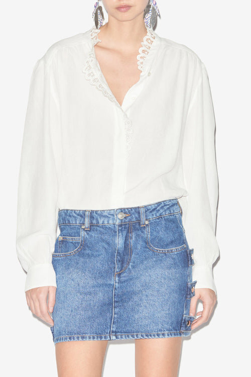 Estela Blouse in Plain-Colored Crepe with English Embroidery Estela Blouse in Plain-Colored Crepe with English Embroidery