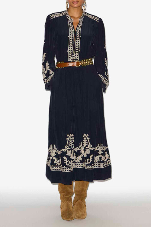Feliana Long Embroidered Crepe Dress Feliana Long Embroidered Crepe Dress