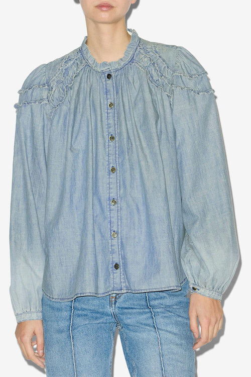Milya Gathered Chambray Blouse Milya Gathered Chambray Blouse